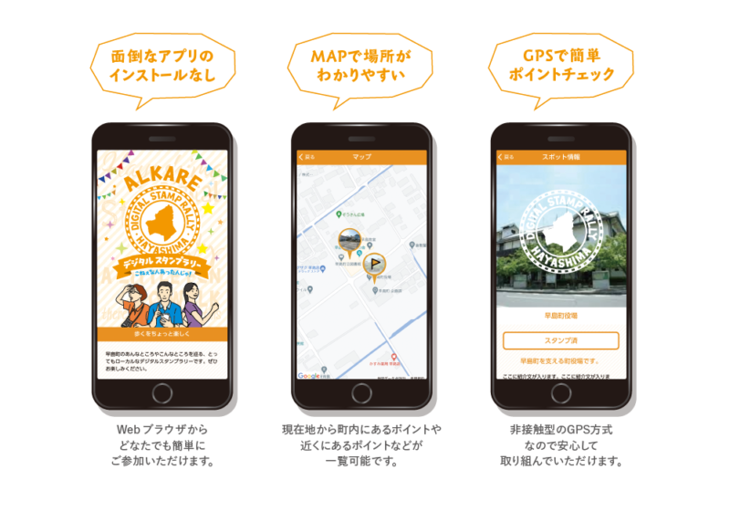面倒なアプリのインストールなし
Webブラウザからどなたでも簡単にご参加いただけます。
MAPで場所がわかりやすい
現在地から町内にあるポイントや近くにあるポイントなどが一覧可能です。
GPSで簡単ポイントチェック
非接触型のGPS方式なので安心して取り組んでいただけます。